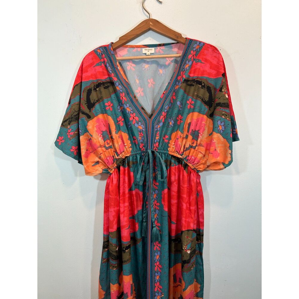 WORLD MARKET Boho Floral Tie Empire Maxi Dress L/XL Satin Tropical Kaftan - Picture 3 of 12